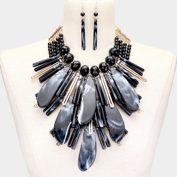 Black Mix Marbled Resin & Bead Statement Necklace - Picture 3 of 3